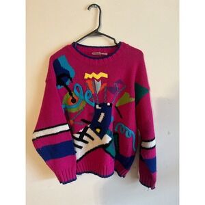 Vintage Fetagetti Abstract music note Sweater Colorblock Knit Women Large Piano